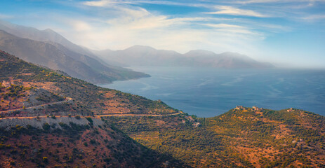 Fototapeta premium Attractive autumn view of Peloponnese peninsula, Greece, Europe. Incredible morning seascape of Myrtoa sea. Beauty of nature concept background.