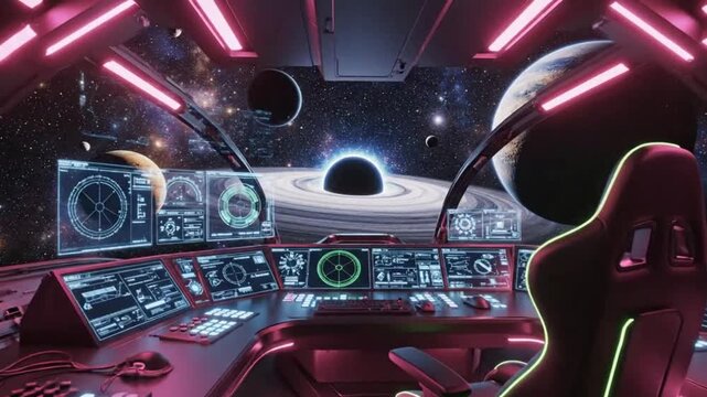 Futuristic spaceship cockpit with space view perfect for IT presentations and tech marketing