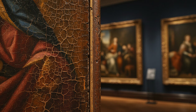 Antique Renaissance oil painting texture with fine craquelure cracks on varnish