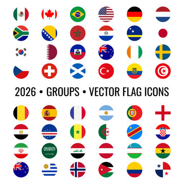 2026 international football season national flag icons isolated on transparent background. Round flag icons for global sports reporting, digital tournament tracking, mobile app interfaces, sports news