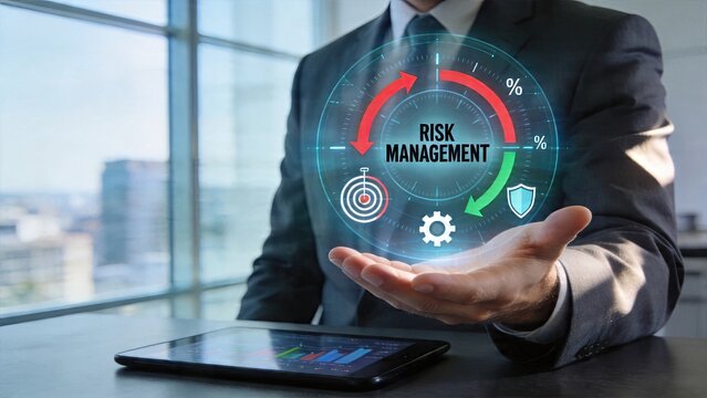 Businessman holding hologram technology of Risk Management with shield and target symbol