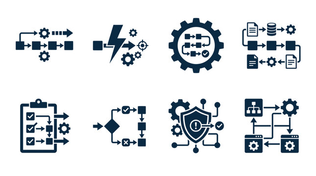 Set of workflow automation and process management vector icons.