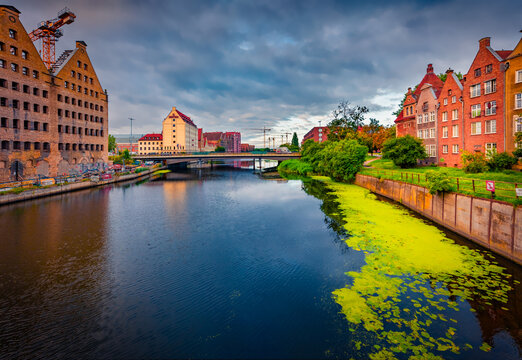 Colorful summer cityscape of Gdansk, Poland, Europe. Wonderful morning scene of Martwa Wisla river. Traveling concept background.