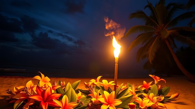 cryptogram. Tropical flowers and a flickering torch on a night beach. lifestyle magazines, social media lookbooks, designed for influencer and brand collaborations, drives engagement.