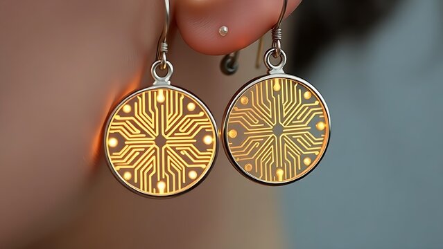 placidly. Elegant minimalist earrings with glowing embedded circuit pattern, fusion of fashion and technology. symbolizing technological progress and responsible innovation.
