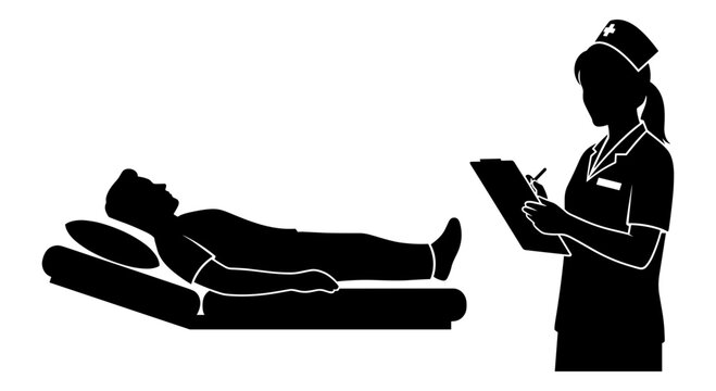 Nurse taking notes while patient lies on examination bed Vector, illustration