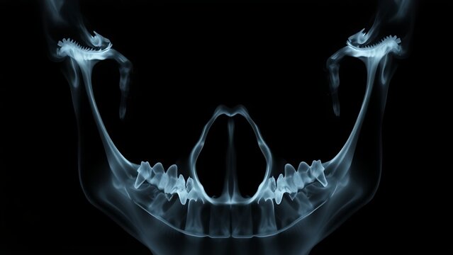 maxillary. An X-ray film showing the bone outline of the maxillary region against a black background. STEM education sheets, lab safety posters, designed for biotech research communications.