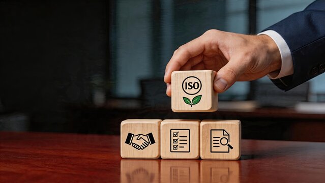 Business man placing wooden block with iso certification logo and leaf symbol environmental sustainability concept handshake checklist document magnifying glass icon on blocks in