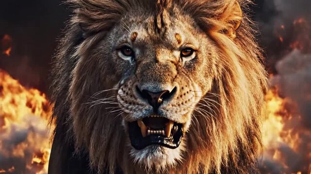 Lion with fire in background emphasizing natural beauty and pristine environments