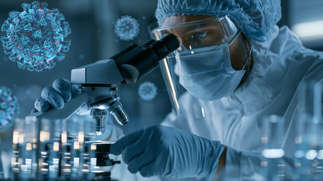 Scientist using microscope in laboratory with virus particles, infectious disease research and medical diagnostics concept