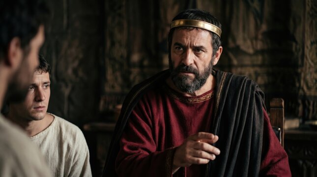 King Herod talking with a man. Ancient ruler wearing golden crown giving orders in royal palace. Biblical historical scene based on Acts chapter 12. Religion and drama concept.