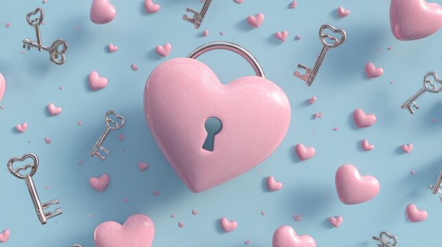 Pink heart padlock on blue, surrounded by floating hearts and antique keys, bright, and romantic