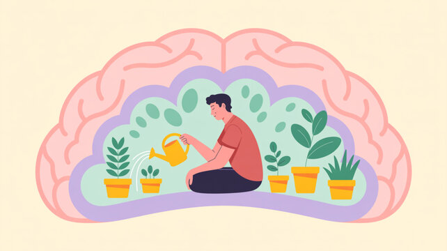 Brain health, mental wellness, mindfulness, vector illustration, self-care, psychology, growth mindset