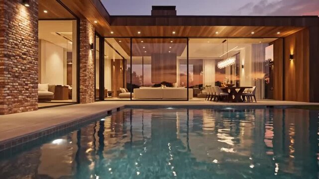 Modern house with pool at dusk ideal for travel vlogs and eco-friendly campaigns