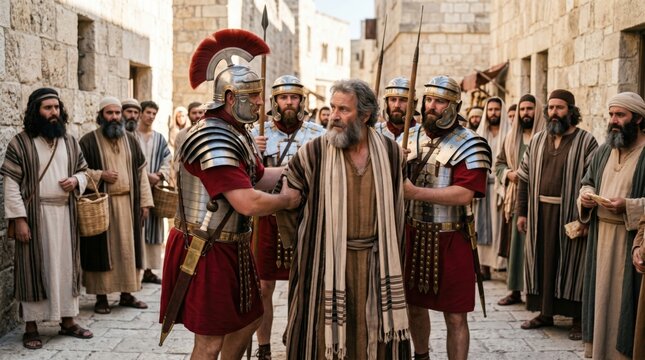 Roman soldiers arresting an old bearded man in the ancient city street. Biblical scene depicting persecution of early Christians. Historical drama reenactment of biblical narrative.