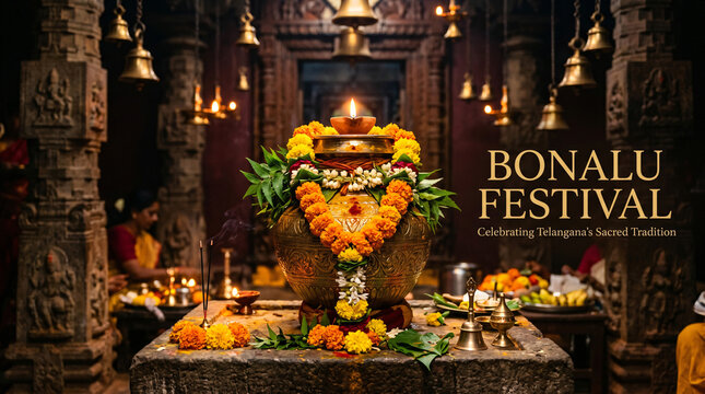 Sacred temple decoration with floral garlands lamps and ritual offerings highlighting devotion and tradition during Bonalu festival celebration in Telangana India