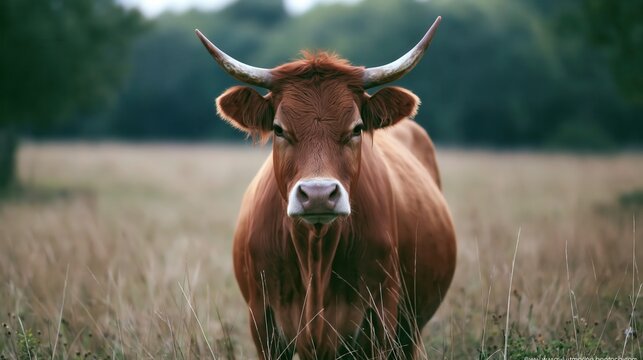 A close-up of a brown cow standing in a grassy field, showcasing its prominent horns and calm demeanor, surrounded by a natural landscape.