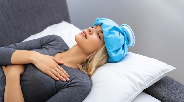Young Woman Resting in Bed with Ice Pack for Illness or Migraine Relief