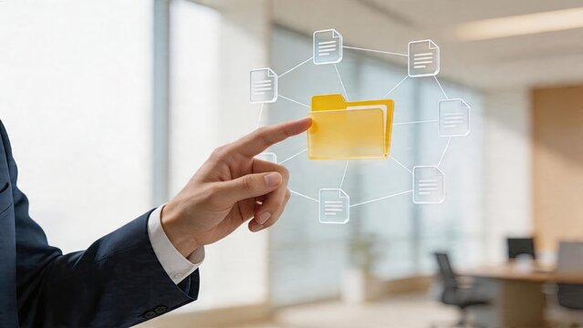Businessman selecting digital cloud storage solution futuristic office interface data management system cyber security concept technology workspace interactive touch screen