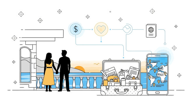 Illustration of a man and woman standing in a line graph office setting with a smartphone and paperwork.