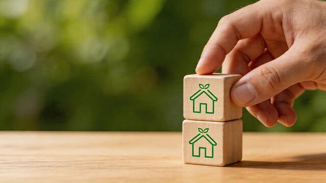 Business man stacking wooden blocks with eco house logo real estate investment concept sustainable living green energy building development strategy property management growth