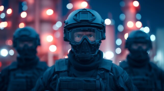 swat team, covert mission, Tactical Team in Military Gear Securing Urban Environment with High-Risk Elements in Background, Spotlighting Vigilance and Professionalism in Critical Situations
