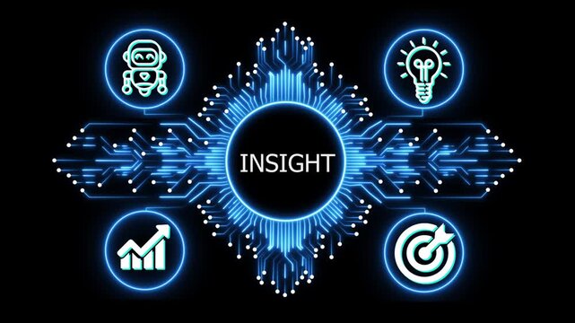 insight logo on glowing circuit board network, connected business icons for finance, analytics, partnership, growth and innovation on black background
