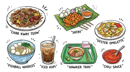 A vibrant illustration showcasing a variety of popular Singaporean hawker dishes and drinks, presented in a charming, hand-drawn style. © Terra