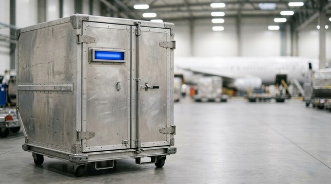 Accurate aviation cold chain cargo container with a glowing blue indicator, featuring bright empty hangar space for copy.