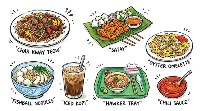 A vibrant illustration showcasing a variety of popular Singaporean hawker dishes and drinks, presented in a charming, hand-drawn style.
