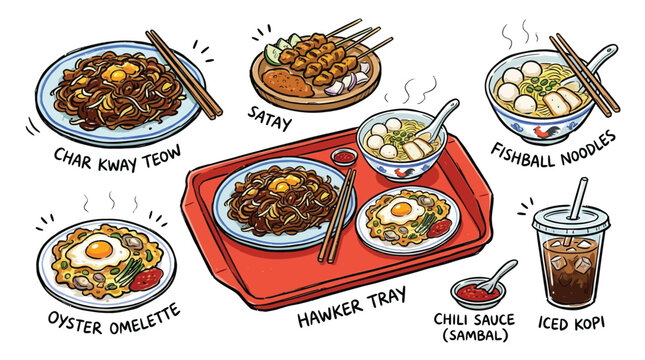 A vibrant illustration showcasing a variety of popular Singaporean hawker dishes and drinks, including satay, char kway teow, oyster omelette, fishball noodles, and iced coffee.