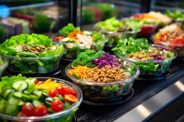 Obraz premium Fresh Organic Salad Bowls Neatly Arranged in a Cold Display Case for Healthy Food Options