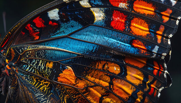 Close-up macro view of a vibrant butterfly wing with intricate patterns, iridescent blue, orange, and red scales, natural detail, insect beauty, nature's artistry