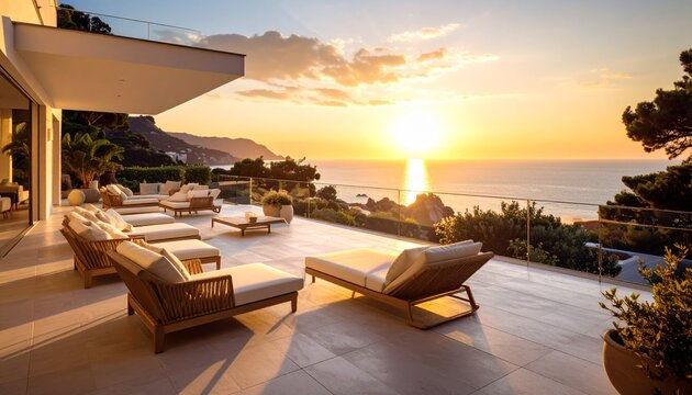 Luxus Terrasse mit Meerblick bei Sonnenuntergang