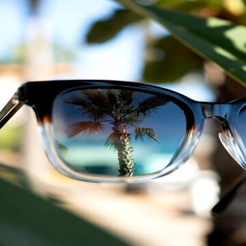 Sunglasses Reflection - Stylish sunglasses with palm tree reflection on lens