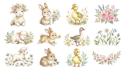 Cute baby farm animals with flowers, bunny, lamb and duck in soft pastel watercolor style. Collection of Vector illustrations for invitation, card, poster, banner, decoration © maria