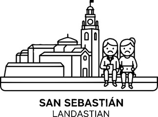 Fototapeta premium Sad people with tablets in San Sebastian city skyline illustration