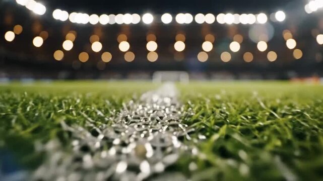 Wet grass field under stadium lights highlighting geometric patterns and contemporary art