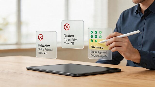 Businessman using tablet future technology interface project management task status holographic display data analysis work success rejected and failed items approved details
