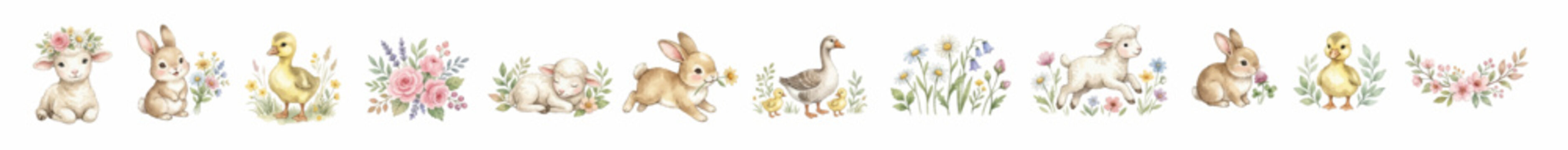 Adorable spring animal set with floral elements, gentle countryside characters in watercolor tones. Collection of Vector illustrations for invitation, card, poster, banner, decoration

