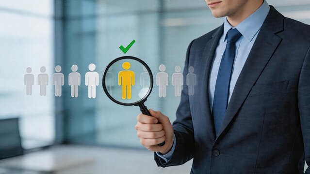 Businessman selecting candidate from group using magnifying glass to inspect applicant human resources recruitment process hiring decision