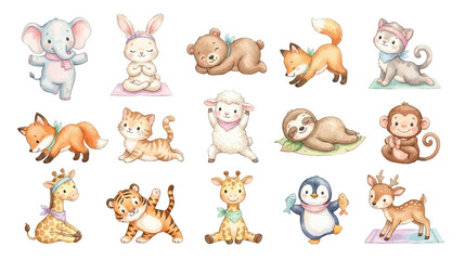 Fototapeta premium Cute baby wild animals in watercolor style, forest and safari characters in soft pastel tones. Collection of Vector illustrations for invitation, card, poster, banner, decoration 