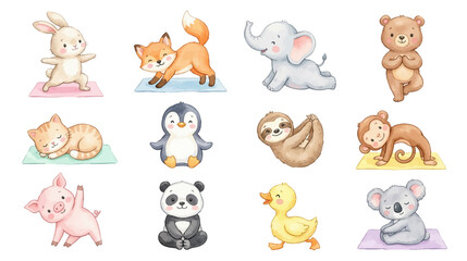 Fototapeta premium Adorable animal yoga set with playful baby characters, relaxation and mindfulness theme in gentle colors. Collection of Vector illustrations for invitation, card, poster, banner, decoration 