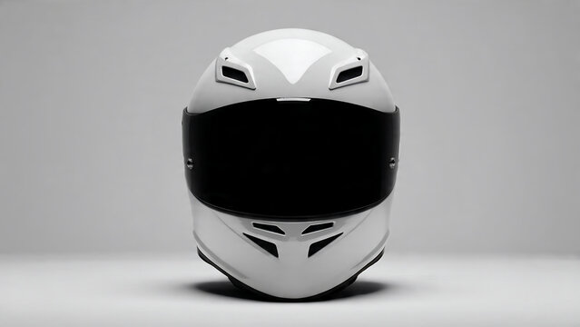 Sleek white motorcycle helmet with black visor on minimalist gray background, front view, studio lighting, ideal for