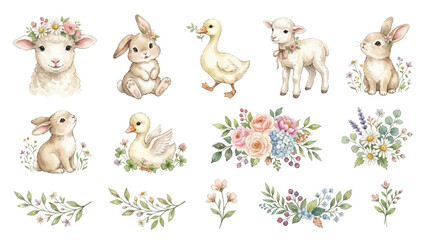 Cute baby farm animals with flowers, lamb, bunny and duck in soft pastel watercolor style. Collection of Vector illustrations for invitation, card, poster, banner, decoration  © maria
