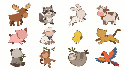 Fototapeta premium Mixed cute animal characters vector set for nursery textile wrapping and apparel design