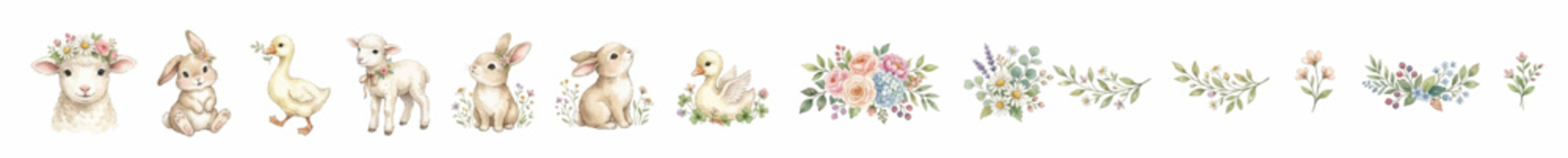 Adorable spring farm animal set with floral elements, gentle watercolor characters in soft natural tones. Collection of Vector illustrations for invitation, card, poster, banner, decoration
