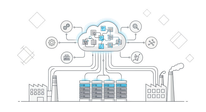 Infographic illustration of a cloud-based data management system with industrial servers and factory icons on a white background.