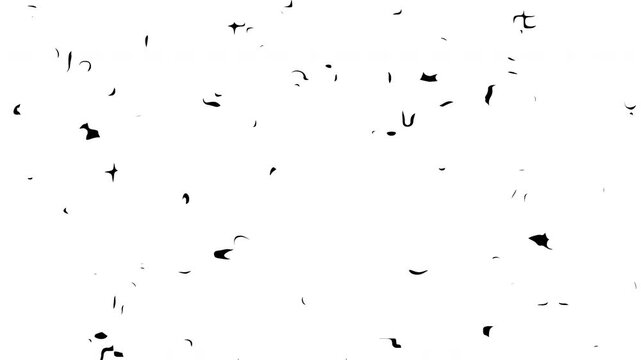 Seamless abstract loop of small black particles or dust debris floating across a clean white space.