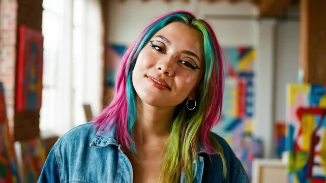 Colorful portrait of a Gen Z young woman, bold contemporary style, fresh beauty and youth culture concept, expressive face, modern fashion mood, vibrant tones, confident attitude, editorial portrait